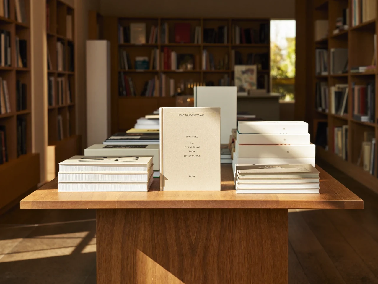 Masă de librărie din lemn cu cărți și caiete cu copertă goală, în lumină caldă
